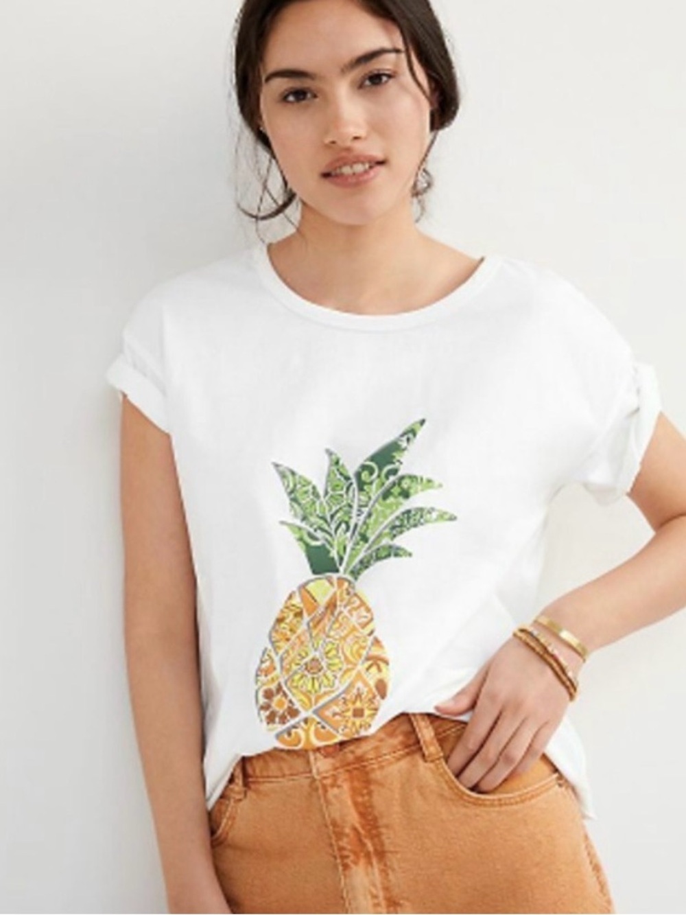 FARM RIO X Anthropologie Short Sleeve White Pineapple Graphic T-Shirt Sz XS